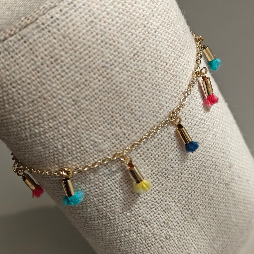 Gold Tone Tassel Charm Bracelet Chain Colorful Mini Adjustable Boho Summer Cute